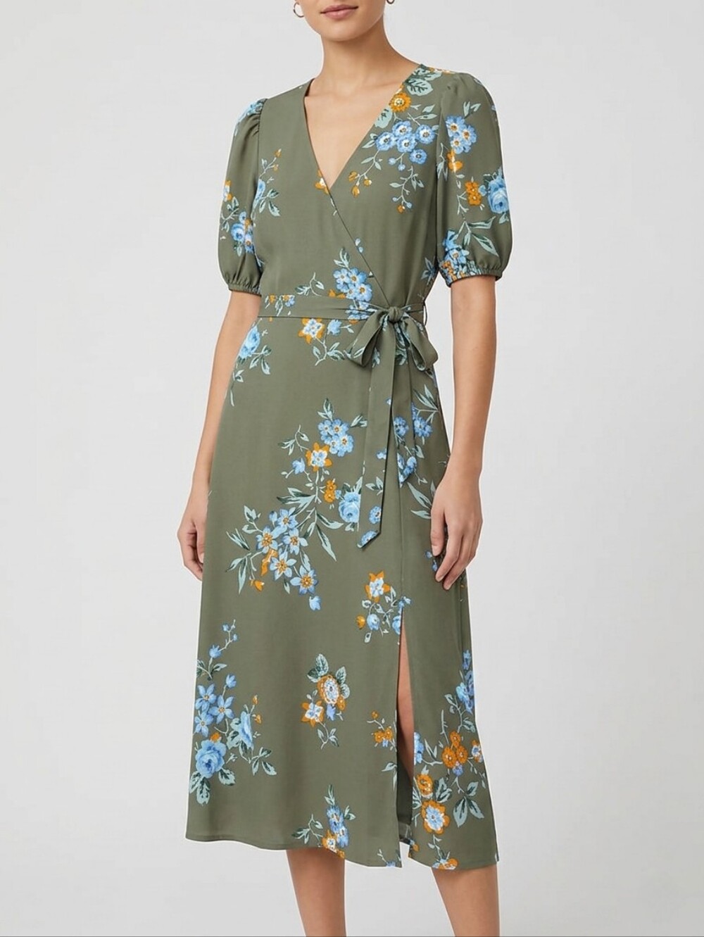 ​LOFT Floral Faux-Wrap Midi Dress Green Blue Orange Size 6